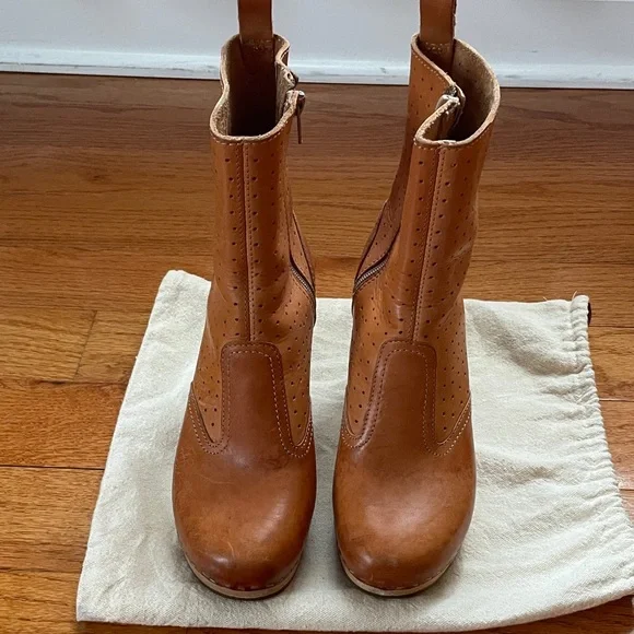 Swedish HASBEENS Perforated Tan Leather Platform Ankle Boots Size 38 - Picture 3 of 12